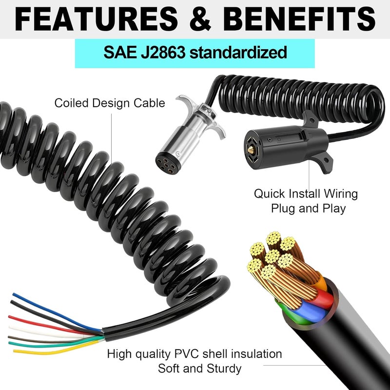 CXTM 7 Pin to 6 Pin Trailer Adapter, Coiled Trailer Cord Stretches to 6 Feet,7-Wire to 6-Wire Coiled Cable RV 7 to 6 Trailer Wiring Extension Cord - Image 3